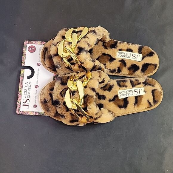 NEW JESSICA SIMPSON WOMEN'S FAUX FUR CHAIN LINK EMBELLISHED SLIDE SLIPPERS - Picture 7 of 12